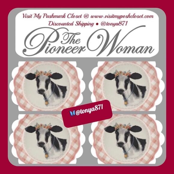 🦋 New Pioneer Woman Novelty Cow Appetizers 7"d Pink Gingham Plates, Set of 4 - Picture 1 of 7